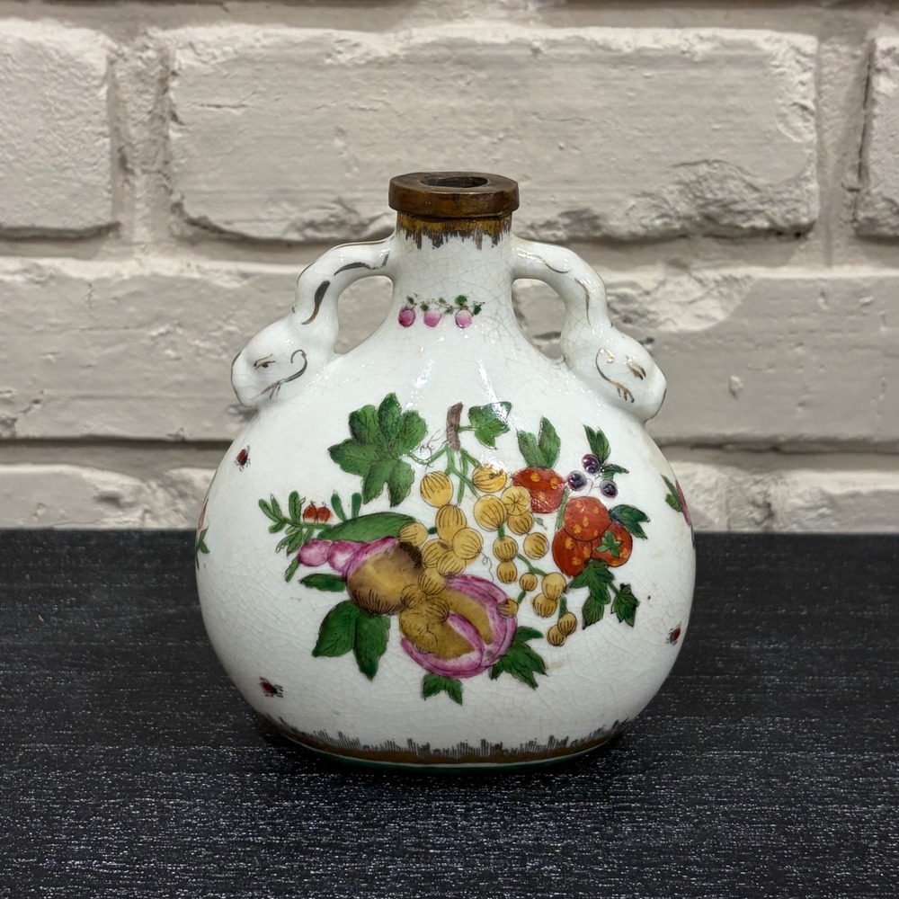 Vintage Chinese Moon Flask with Snake Handles Fruit Enamel and Bronze Collar